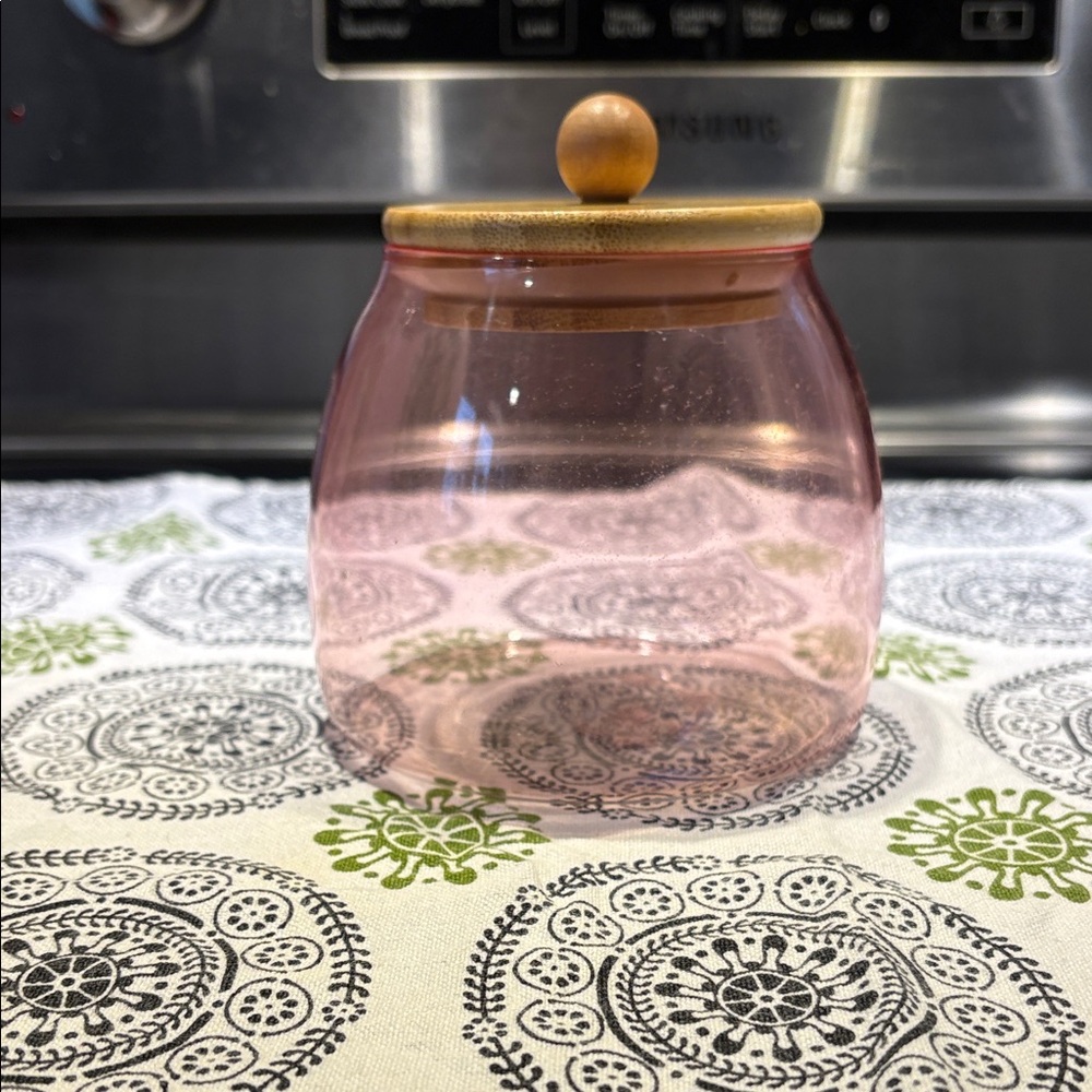 Pink Glass Storage Jar with Wooden Lid - Home Kitchen